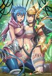  2015 absurd_res amber_eyes animal_humanoid armwear bandage big_breasts black_hair blue_eyes blue_hair blush breasts cat_humanoid clothed clothing crossgender duo feline female female/female hair heterochromia hi_res hood human humanoid kha&#039;zix_(lol) knife league_of_legends legwear long_hair looking_at_viewer mammal melee_weapon navel open_mouth partially_clothed rengar_(lol) riot_games skimpy smile teeth thigh_highs tongue tongue_out torahimemax video_games weapon 