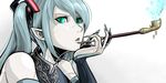  android aqua_hair detached_sleeves face fingernails green_eyes hatsune_miku holding holding_pipe kiseru long_hair matsu_(a-type_corp) open_mouth pipe pointy_ears portrait sharp_fingernails solo twintails vocaloid 