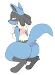  &lt;3 &lt;3_eyes 2017 big_butt blue_fur breasts butt canine crouching digital_media_(artwork) female fur happy looking_back lucario mammal napdust nintendo nude pok&eacute;mon raised_tail red_eyes simple_background smile solo video_games white_background 
