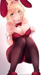  animal_ears artoria_pendragon_(all) black_legwear blonde_hair blush bow bowtie breasts bunny_ears bunnysuit cleavage eyebrows_visible_through_hair fake_animal_ears fate/grand_order fate_(series) green_eyes hairband haruka_natsuki looking_at_viewer medium_breasts pantyhose parted_lips red_bow red_neckwear saber short_hair solo squatting twitter_username 