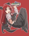  black_footwear black_legwear black_skirt book character_name demon_wings foreshortening full_body gun head_wings high_heels highres holding holding_book holding_gun holding_weapon koakuma long_hair long_sleeves looking_at_viewer m92fs mac-10 open_mouth pantyhose red_background red_eyes red_hair shoes simple_background skirt solo submachine_gun touhou typo weapon wings 