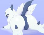  2016 anus butt canine claws digital_media_(artwork) female feral fur hi_res looking_at_viewer looking_back mammal mega_absol mega_evolution nintendo plump_labia pok&eacute;mon puffy_anus pussy rear_view red_eyes simple_background snuckums solo video_games white_fur 