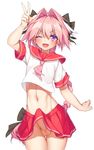  absurdres astolfo_(fate) bad_revision blush braid censored_revision commentary_request cowboy_shot erection erection_under_clothes eyebrows_visible_through_hair fang fate/apocrypha fate/grand_order fate_(series) hair_intakes hair_ribbon highres long_hair looking_at_viewer male_focus md5_mismatch midriff navel neko7 no_panties one_eye_closed open_mouth otoko_no_ko penis pink_hair pleated_skirt purple_eyes red_sailor_collar red_skirt ribbon sailor_collar school_uniform serafuku short_sleeves simple_background single_braid skirt smile solo testicles thigh_gap v white_background 