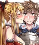  1boy 1girl armor bare_shoulders blonde_hair blush bow brown_eyes brown_hair cheek_kiss closed_eyes commentary eyebrows_visible_through_hair gran_(granblue_fantasy) granblue_fantasy hair_bow heart hetero kiss light_smile ponytail sanmotogoroo smile spoken_exclamation_mark spoken_heart upper_body vira_lilie 