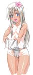 :d blue_eyes breasts byeontae_jagga cameltoe cowboy_shot eyebrows_visible_through_hair flower fundoshi graphite_(medium) hair_censor hair_flower hair_ornament hair_over_breasts highres japanese_clothes kantai_collection long_hair looking_at_viewer one-piece_tan open_mouth ro-500_(kantai_collection) simple_background sketch small_breasts smile solo tan tanline thighs topless traditional_media white_background white_hair 