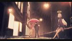  2girls angel_wings artist_name brown_hair city commentary_request couple halo hetero lamppost long_hair looking_at_another md5_mismatch multiple_girls night original rain road shared_umbrella short_hair signature sitting street umbrella walking wings yomochi_(y0m0chi) 