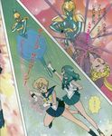  4girls 90s arm_grab artbook bangs bare_legs battle bikini_armor bishoujo_senshi_sailor_moon blonde_hair breasts brooch character_request circlet detransformation elbow_gloves eyes_closed green_hair green_skin helmet magic medium_breasts miniskirt multiple_girls pleated_skirt ribbons sailor_collar sailor_moon sailor_neptune sailor_uranus short_hair skirt speech_bubble sweat tsukino_usagi white_gloves 