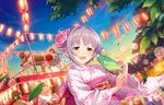  blush brown_eyes festival idolamster idolmaster_cinderella_girls idolmaster_cinderella_girls_starlight_stage kimono koshimizu_sachiko purple_hair short_hair sky smile 