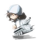  black_hair brown_eyes brown_hair bt-42 chibi girls_und_panzer ground_vehicle hat instrument jacket jinguu_(4839ms) kantele keizoku_military_uniform long_hair looking_at_viewer mika_(girls_und_panzer) military military_uniform military_vehicle motor_vehicle school_uniform smile solo tank uniform white_background 