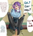  1boy 1girl black_legwear breasts censored chagataaa cum dagashi_kashi drooling ejaculation footjob hairband heart hetero high-waist_skirt large_breasts no_shoes panties panties_under_pantyhose pantyhose penis pov projectile_cum purple_hair shidare_hotaru translated underwear 