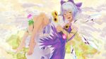  backlighting bangs barefoot bloomers blue_dress blue_eyes blue_hair blush bow cirno cloud cloudy_sky dress feet flat_chest floating flower full_body hair_bow holding holding_flower ice ice_wings kagari_(kgr_000) legs legs_up looking_at_viewer mountain nose_blush open_mouth plant puffy_short_sleeves puffy_sleeves shiny shiny_hair shirt short_hair short_sleeves sky solo sun sunflower sunlight tanned_cirno tongue touhou underwear vines white_shirt wings 
