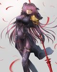  breasts brown_hair eyebrows_visible_through_hair fate/grand_order fate_(series) highres holding holding_spear holding_weapon large_breasts long_hair looking_at_viewer parted_lips polearm red_eyes scathach_(fate)_(all) scathach_(fate/grand_order) solo spear sugi87 weapon 