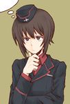  brown_eyes brown_hair commentary_request garrison_cap girls_und_panzer green_background hand_on_own_chin hat kuromorimine_military_uniform military military_uniform mutsu_(layergreen) nishizumi_maho short_hair solo thinking thought_bubble uniform 