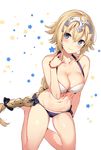  bikini blonde_hair blue_bikini_bottom blue_eyes blush bow bracelet braid breasts cleavage collarbone commentary fate/apocrypha fate_(series) hair_between_eyes hair_bow hand_on_own_shoulder headpiece highres hips jeanne_d'arc_(fate) jeanne_d'arc_(fate)_(all) jewelry kneeling large_breasts legs long_braid long_hair looking_at_viewer mismatched_bikini navel simple_background single_braid solo star starry_background swimsuit thighs very_long_hair white_background white_bikini_top yuran 