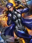  ana_(overwatch) black_hair blue_hat breasts brown_eyes captain_amari character_name finger_to_mouth hat index_finger_raised large_breasts liang_xing long_hair looking_at_viewer overwatch parted_lips patreon_username solo watermark web_address younger 