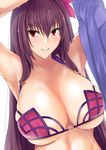  arm_over_head bikini breasts collarbone fate/grand_order fate_(series) flower gachou hair_between_eyes hair_flower hair_ornament hibiscus huge_breasts long_hair parted_lips purple_bikini purple_hair red_eyes removing_jacket scathach_(fate)_(all) scathach_(swimsuit_assassin)_(fate) simple_background skindentation solo swimsuit upper_body wet wet_hair white_background 