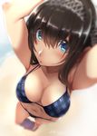  arms_up beach bikini black_hair blue_eyes blue_sky breasts cleavage commentary_request foreshortening hairband idolmaster idolmaster_cinderella_girls large_breasts long_hair looking_at_viewer navel nohito ocean plaid plaid_bikini sagisawa_fumika sky solo swimsuit 