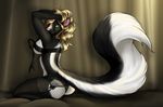  2016 anthro big_tail biped black_bottomwear black_clothing black_fur black_panties black_tail black_topwear black_underwear blonde_hair bow breasts clemikou clothed clothing curtains digital_media_(artwork) female fur garter_belt garter_straps green_eyes hair hand_on_head kneeling legwear long_hair long_tail looking_at_viewer mammal mavourneen multicolored_fur multicolored_tail panties pantyhose pink_nose pinup pose ribbons side_view skunk solo two_tone_fur two_tone_tail underwear white_fur white_tail 