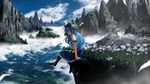  blue_hair blue_sky boots cloud commentary day floating_island flower hat highres hinanawi_tenshi long_hair looking_down mountain neck_ribbon plant red_eyes ribbon scenery sitting skirt sky solo suna_(s73d) sword sword_of_hisou touhou weapon 