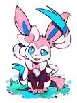  2016 3_toes blue_eyes blush bottomless bow_tie canine clothed clothed_feral clothing cute eeveelution feral front_view fur hi_res male mammal nintendo open_mouth pink_fur pok&eacute;mon ribbons signature simple_background smile solo suit super-tuler sweat sylveon teeth toes tuxedo video_games white_background white_fur 