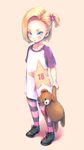  android_18 blonde_hair blue_eyes blush character_name child copyright_name dragon_ball eply full_body hair_bobbles hair_ornament holding pantyhose shirt short_hair short_sidetail solo striped striped_legwear stuffed_animal stuffed_toy t-shirt teddy_bear younger 