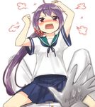  admiral_(kantai_collection) akebono_(kantai_collection) anger_vein bell blue_sailor_collar blue_skirt blush commentary_request flower girl_on_top hair_bell hair_flower hair_ornament jingle_bell kantai_collection long_hair looking_at_viewer out_of_frame pleated_skirt pov pov_hands purple_eyes purple_hair sailor_collar school_uniform serafuku short_sleeves side_ponytail single_hand skirt solo_focus straddling twitter_username very_long_hair yamashiki_(orca_buteo) 