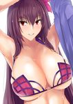  arm_over_head armpits arms_up bangs bikini blush breasts cleavage collarbone commentary_request eyebrows_visible_through_hair fate/grand_order fate_(series) flower gachou hair_between_eyes hair_flower hair_ornament hibiscus huge_breasts long_hair looking_to_the_side parted_lips purple_bikini purple_hair red_eyes removing_jacket scathach_(fate)_(all) scathach_(swimsuit_assassin)_(fate) simple_background skindentation smile solo swimsuit upper_body water_drop wet wet_hair white_background 