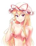  blonde_hair bow breasts closed_mouth collarbone commentary hair_bow hair_over_breasts hat hat_ribbon long_hair looking_at_viewer medium_breasts minust mob_cap nude purple_eyes red_ribbon ribbon smile solo touhou tsurime upper_body yakumo_yukari 