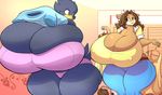  anthro avian beak big_breasts bird bovine breasts busty_bird cattle cleavage clothed clothing duo erect_nipples feathers female horn huge_breasts hyper hyper_breasts jaeh mammal nipple_bulge nipples partially_clothed tail_feathers thick_thighs wide_hips 