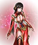  1girl amber_eyes artist_request black_hair blush breasts chinese_clothes cleavage fingerless_gloves gloves hair_ornament jewelry large_breasts leggings lian_shi lipstick makeup necklace shin_sangoku_musou shin_sangoku_musou_7 shiny_hair side_slit solo wide_hips 