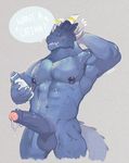  abs anthro balls biceps big_penis blue_scales blush bottle dragon english_text eyes_closed fangs flexing grin hands_behind_head horn inviting leaking male nipple_piercing nipples pecs penis piercing precum ring scales simple_background smile solo standing sweat teeth text ursso_(artist) 