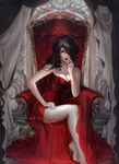  bare_shoulders black_hair breasts cleavage dress gown hair_over_one_eye high_heels highres lips lipstick long_hair makeup medium_breasts original phong_anh pumps purple_eyes side_slit sitting solo throne watermark web_address 