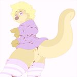  anthro bottomless butt clothed clothing hi_res legwear looking_at_viewer looking_back male mammal mustelid otter otto0ttsy otto_the_ott raised_tail rear_view simple_background solo sweatshirt thick_thighs white_background 
