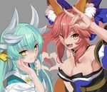  animal_ears aora aqua_hair breasts cleavage commentary_request detached_sleeves eyebrows_visible_through_hair fate/extra fate/grand_order fate_(series) fox_ears hair_ornament hair_ribbon heart heart_hands horns japanese_clothes kimono kiyohime_(fate/grand_order) large_breasts long_hair looking_at_viewer multiple_girls one_eye_closed open_mouth pink_hair ribbon simple_background smile tamamo_(fate)_(all) tamamo_no_mae_(fate) unfinished yellow_eyes 