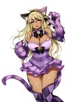  :3 animal_ears argyle argyle_legwear bare_shoulders bell blonde_hair bow bowtie breasts cat_ears cat_tail cheshire_cat_(monster_girl_encyclopedia) claws cleavage eyebrows_visible_through_hair eyes_visible_through_hair fake_animal_ears fang fur green_eyes hair_bow hair_ornament hairband hairclip highres jingle_bell large_breasts layered_skirt long_hair looking_at_viewer monster_girl monster_girl_encyclopedia paws purple_legwear simple_background solo tail terupancake thighhighs thighs v-shaped_eyebrows very_long_hair white_background 