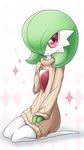  1girl blush brown_sweater diamond_(shape) full_body gardevoir green_hair hair_over_one_eye hand_on_own_chest kneeling long_sleeves looking_at_viewer muguet no_humans pokemon pokemon_(creature) pokemon_rse red_eyes short_hair simple_background sitting smile solo sweater white_background 