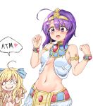  ahoge blonde_hair blue_eyes blue_ribbon blush breasts commentary_request egyptian_clothes eyebrows_visible_through_hair fangs hair_over_breasts hair_ribbon jashin-chan jashin-chan_dropkick lamia long_hair medusa_(jashin-chan_dropkick) monster_girl multiple_girls navel nude pixel_art purple_eyes purple_hair ribbon rla13753 short_hair smile usekh_collar 