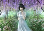  arm_behind_back bangs black_hair blush bob_cut dress flower flower_request hand_up highres holding holding_flower long_dress looking_at_viewer original outdoors parted_lips petals short_hair short_sleeves solo standing sugi87 water white_dress wisteria yellow_eyes 