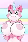  :3 anthro big_breasts big_nipples blue_eyes breasts cute eyelashes feline female fur hi_res horn hybrid lego mammal navel nipples pink_fur pink_nose presenting presenting_breasts quin-nsfw smile solo the_lego_movie unikitty warner_brothers white_fur 