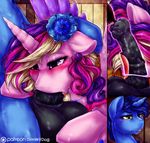  2016 animal_genitalia animal_penis balls blue_hair blush digital_media_(artwork) dimwitdog duo ear_piercing equine equine_penis erection feathered_wings feathers female feral flower friendship_is_magic hair half-closed_eyes hi_res horn male male/female mammal multicolored_hair my_little_pony night_light_(mlp) oral patreon penis piercing plant princess_cadance_(mlp) sex unicorn winged_unicorn wings 