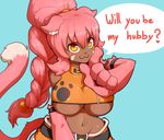  &lt;3 :3 animal_humanoid big_breasts blue_background blush breasts cat_humanoid dark_skin dialogue english_text fangs fatmanass feline female hair humanoid husband_hunter looking_at_viewer mammal nyuu-ja orange_eyes pink_hair simple_background solo speech_bubble talking_to_viewer text under_boob 