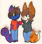  &lt;3 badge blue_fur brown_eyes brown_fur brown_hair canine cat couple_(disambiguation) feline female fennec fox freeze-pop88 fur green_eyes hair male mammal purple_fur scottish_fold tabby_cat traditional_media_(artwork) white_fur 