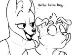  anthro canine clothed clothing dialogue dianna_(komponi) duo english_text female greyscale kom komponi makeup male mammal monochrome open_mouth smile sweat text 