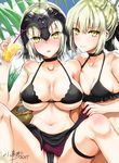  armor artoria_pendragon_(all) bare_shoulders bikini black_bikini blonde_hair blush breasts drink fate/grand_order fate_(series) headpiece jeanne_d'arc_(alter)_(fate) jeanne_d'arc_(fate)_(all) kojima_saya large_breasts looking_at_viewer medium_breasts multiple_girls saber_alter signature summer swimsuit thigh_strap yellow_eyes 