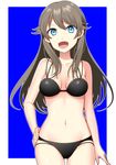  :d absurdres bare_shoulders bikini black_bikini blue_(pokemon) blue_eyes breasts brown_hair cleavage day hand_on_hip highres long_hair looking_at_viewer medium_breasts navel open_mouth outside_border pokemon pokemon_special simple_background sky smile solo swimsuit white_background yuihiko 