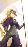  armor armored_dress artist_name black_gloves blonde_hair blue_eyes braid breasts capelet chain fate/apocrypha fate/grand_order fate_(series) faulds flag gauntlets gloves headpiece highres jeanne_d'arc_(fate) jeanne_d'arc_(fate)_(all) large_breasts long_hair plackart sendrawz single_braid solo standard_bearer thighhighs yellow_eyes 