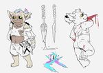  black_sclera blood bottomless butt claws clothed clothing dagger ear_tag hair holding_object holding_weapon league_of_legends looking_at_viewer male mammal melee_weapon model_sheet navel nipples paint pawpads paws riot_games simple_background slugsdog smile solo standing teeth toe_claws video_games weapon yordle 