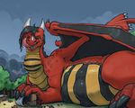  2017 belly big_belly dragon feral green_eyes grin hair horn looking_at_viewer lying macro mandarax neck_bulge nommz on_side open_mouth outside saliva scalie smile solo tongue tongue_out vore wings 