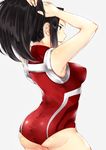  adjusting_hair arms_up ass back bad_id bad_pixiv_id bare_shoulders black_hair boku_no_hero_academia breasts covered_nipples e_(pixiv17384085) from_behind from_side half-closed_eyes large_breasts leotard long_hair ponytail red_leotard simple_background solo white_background yaoyorozu_momo 