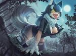 2017 5_fingers anthro black_hair breasts c-3matome canine claws clothing detailed_background digital_media_(artwork) drooling female fluffy fluffy_tail fur glowing glowing_eyes grass grey_fur grey_hair hair hi_res human_to_anthro legwear looking_at_viewer mammal moon multicolored_hair nature necktie night nipples open_mouth outside pussy_juice saliva sky solo star thigh_highs tongue tongue_out torn_bottomwear torn_clothing torn_topwear transformation tree two_tone_hair were werewolf wolf yellow_eyes 